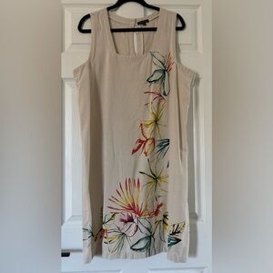 for cynthia linen blend dress FOR CYNTHIA Linen-Blend Irises Print Spaghetti Strapps Midi Dress w/Pockets  sz L